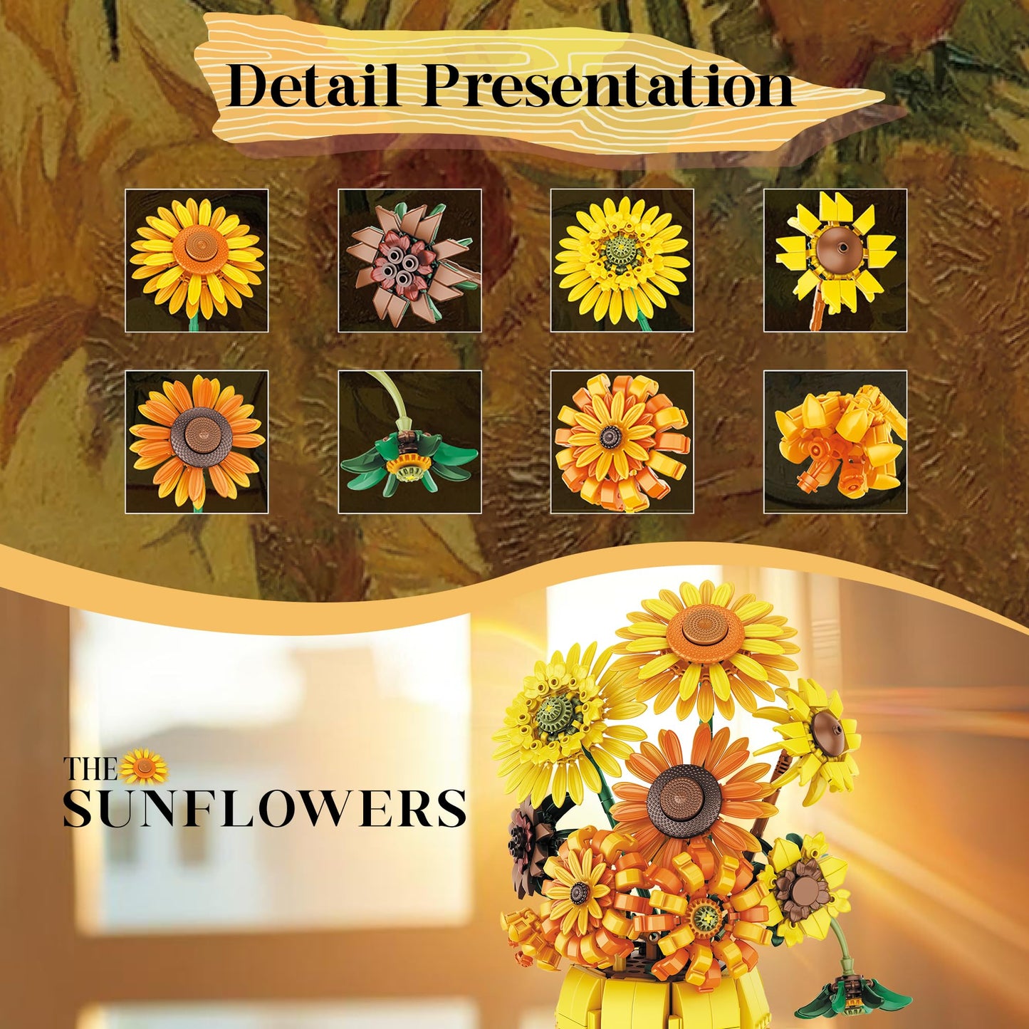 Sunflower Building Set Flowers with Vase Van Gogh Botanical Collection 1009pcs Compatible with Lego Ideal for Home and Office Decor Art Lover's  Gift