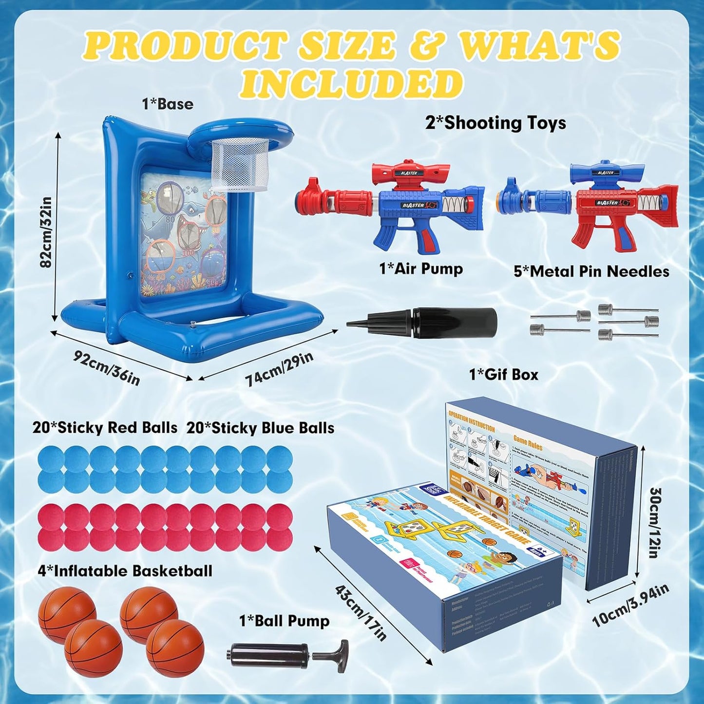 Pool Toys Games for Kids&Adults, 2-in-1 Pool Basketball Hoop with Shooting Target Game & with 2 Blasters, 40 Foam Balls, 4 Basketballs, Summer Outdoor Water Toys, Pool Party Lawn Backyard Games-Blue