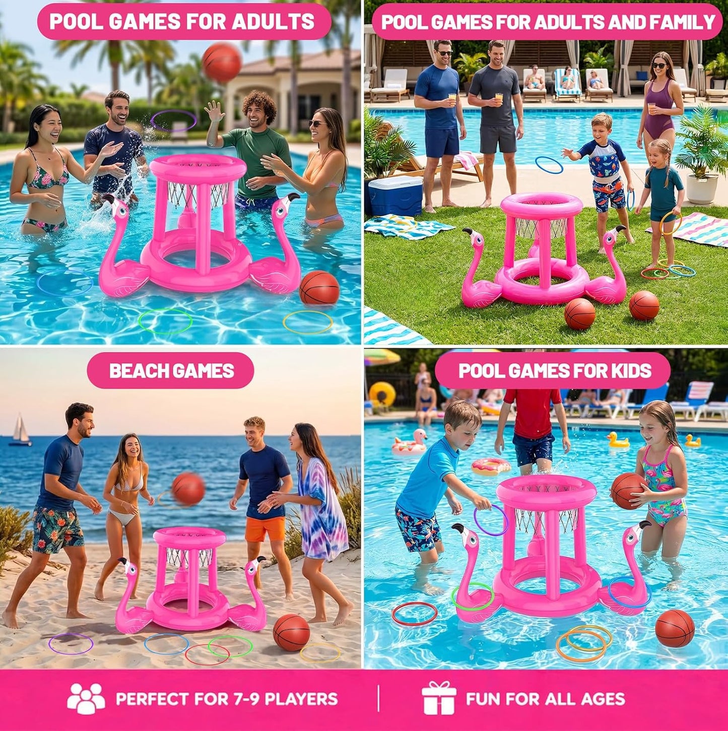 Pool Toys Pool Floats Pool Games for Kids Adult, Inflatable Pool Basketball Hoop & Ring Toss Game, 2-in-1 Pool Floating Outdoor Party Water Toy for Adults Family Kids Ages 4-8-12 (Pink-1)